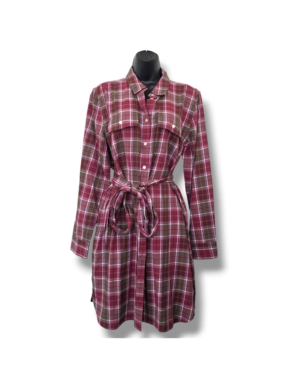 Lauren Ralph Lauren Burgundy Women's Checked Plaid Belted Shirtdress Size: 10 - Picture 1 of 7